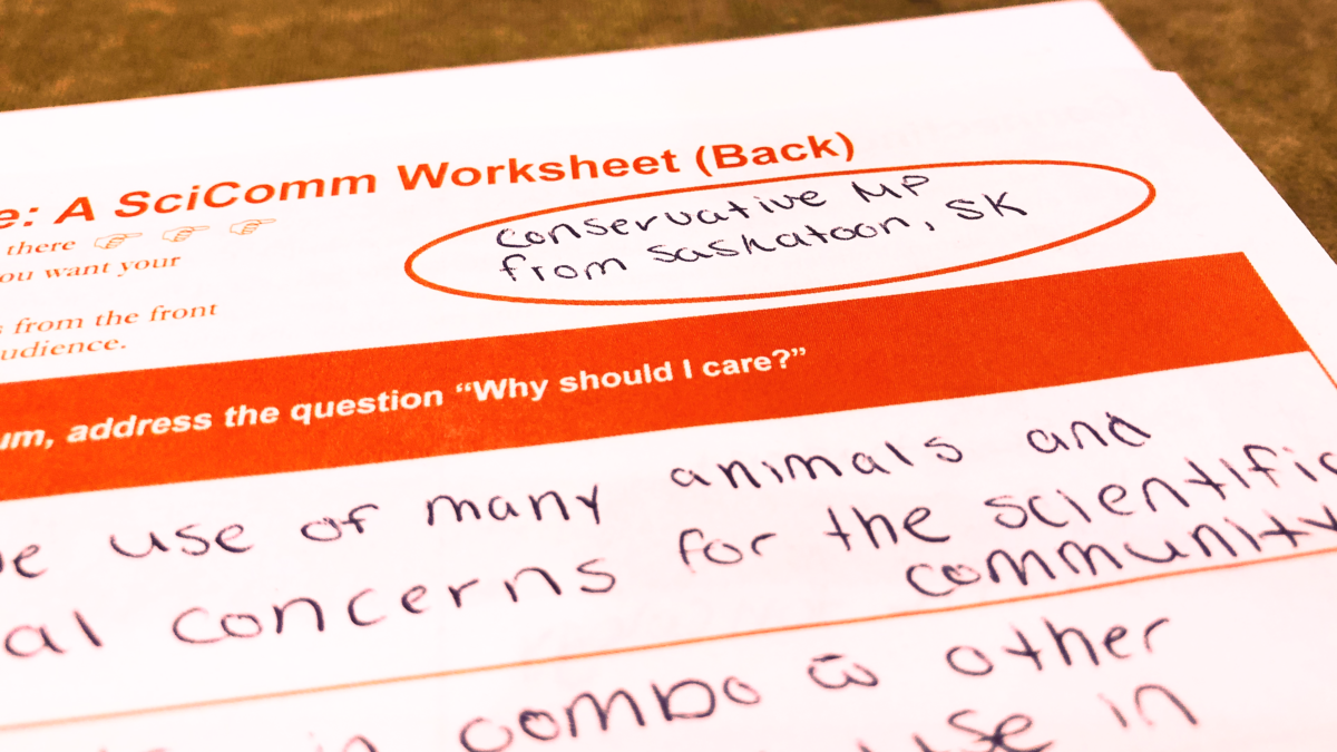 A snapshot of the Connecting with Your Audience worksheet for translating science, designed by Ben Young Landis and Kelly Conroy under the Creative Externalities brand. The photo shows the top right corner of the worksheet, partially filled out. The legible letters read "address the question Why should I care?" and the audience indicated is "Conservative M P from Saskatoon, S K"