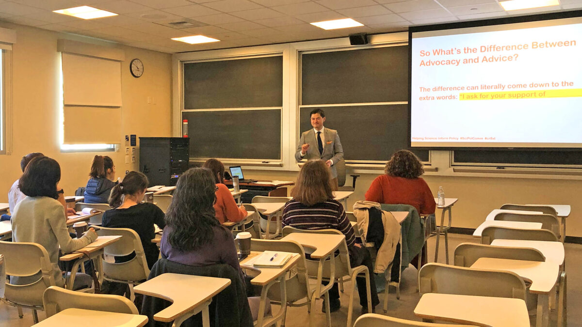Ben Young Landis teaches the "Helping Science Inform Policy: Tools for Engaging State-Level Leaders" #SciPolComm workshop on January 11, 2020 at UC Davis, presented to members of the American Chemical Society Sacramento Local Section. (Photo by Gabby Nepomuceno)